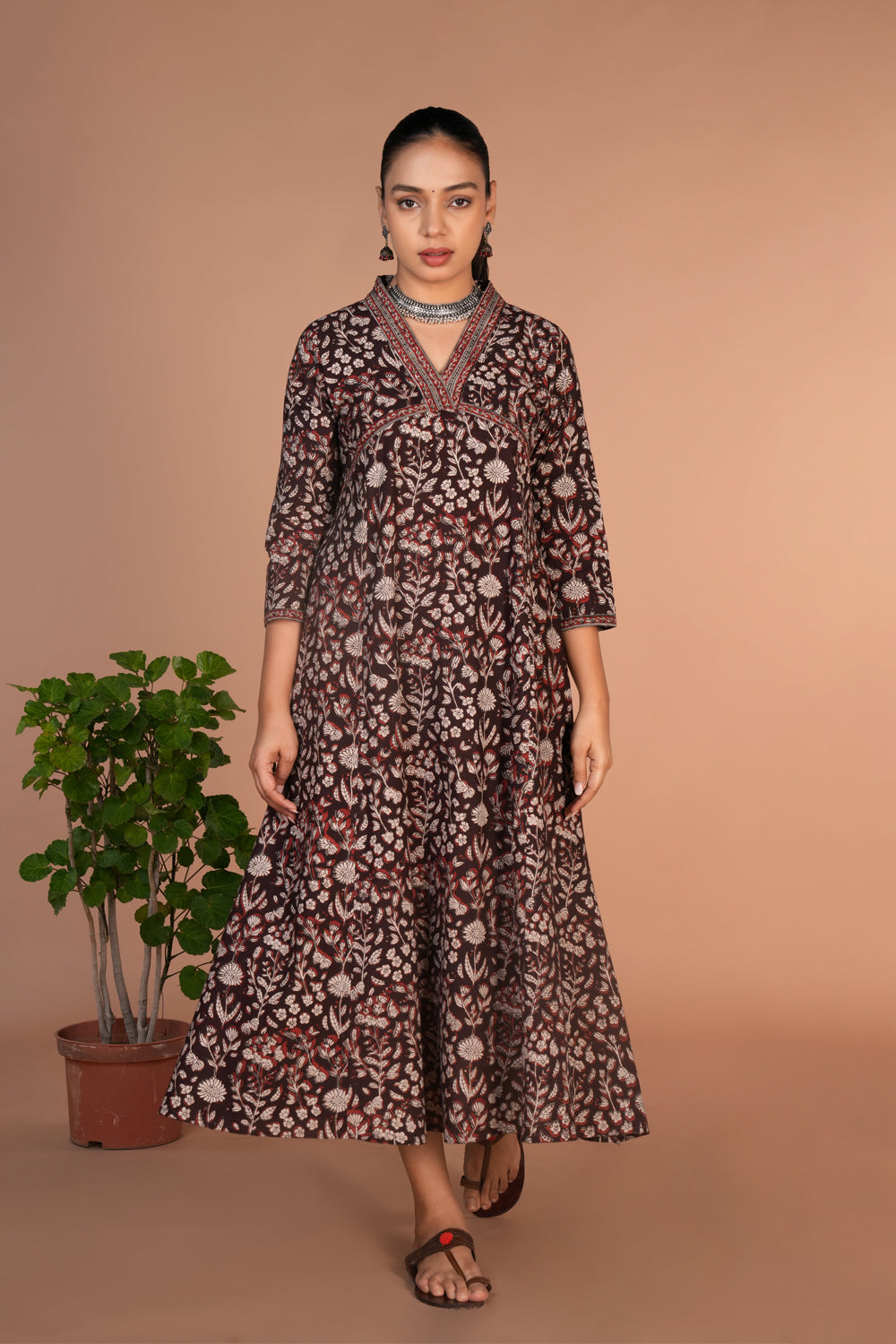 Image of Dark chocolate brown Bagru cotton handblock printed dress